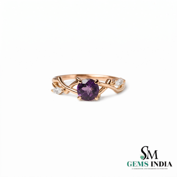 Natural Round Amethyst with Diamond Engagement Ring – February Birthstone Jewelry