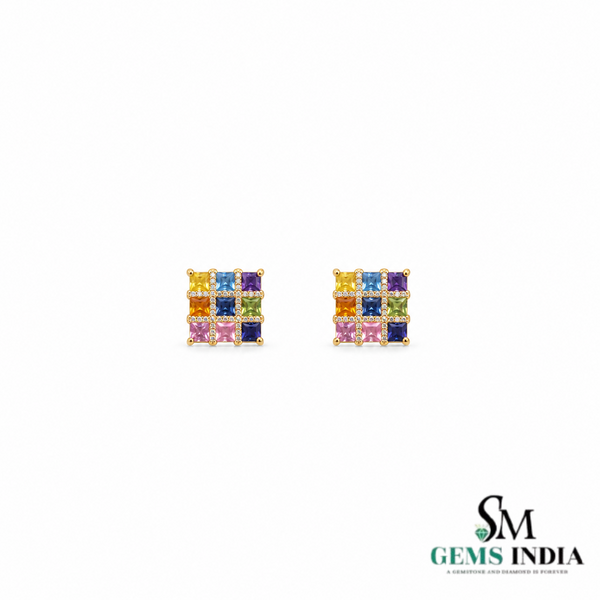 Natural Rainbow Princess Cut Gemstone Square Stud Earrings with Diamond Accent Grid Design