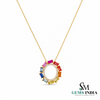 Rainbow Baguette Gemstone Circle Pendant with Diamond Accents - Luxury Jewelry for Women