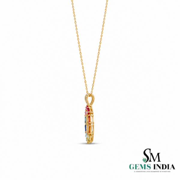 Rainbow Baguette Gemstone Circle Pendant with Diamond Accents - Luxury Jewelry for Women