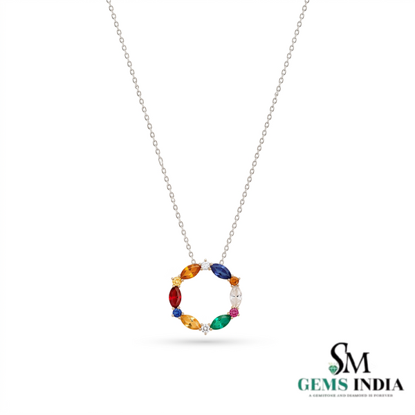 Rainbow Marquise Cut Gemstone Circle Pendant with Diamond Accents - Gift for Women