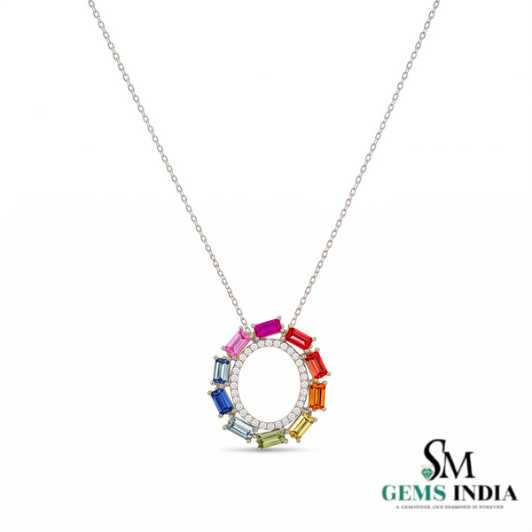 Rainbow Baguette Gemstone Circle Pendant with Diamond Accents - Luxury Jewelry for Women