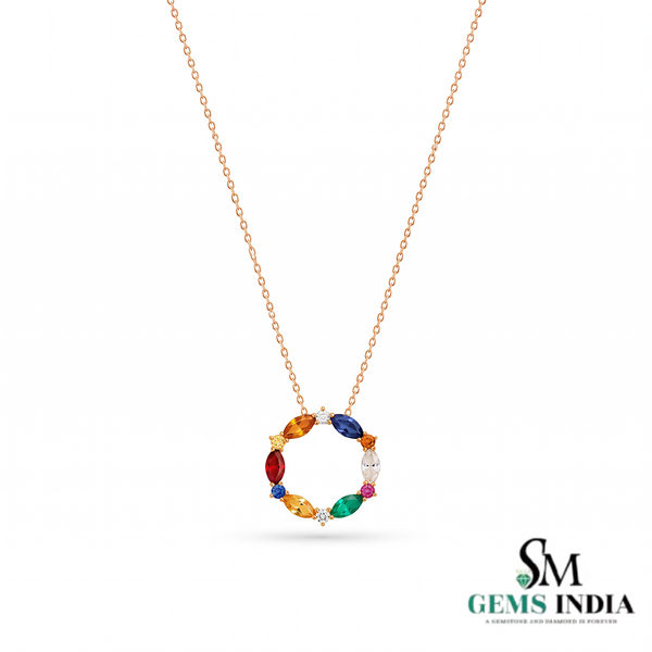Rainbow Marquise Cut Gemstone Circle Pendant with Diamond Accents - Gift for Women