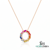 Rainbow Baguette Gemstone Circle Pendant with Diamond Accents - Luxury Jewelry for Women