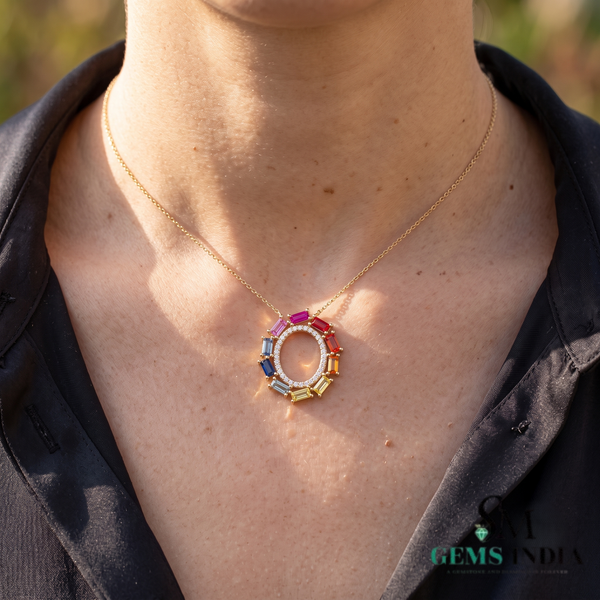 Rainbow Baguette Gemstone Circle Pendant with Diamond Accents - Luxury Jewelry for Women