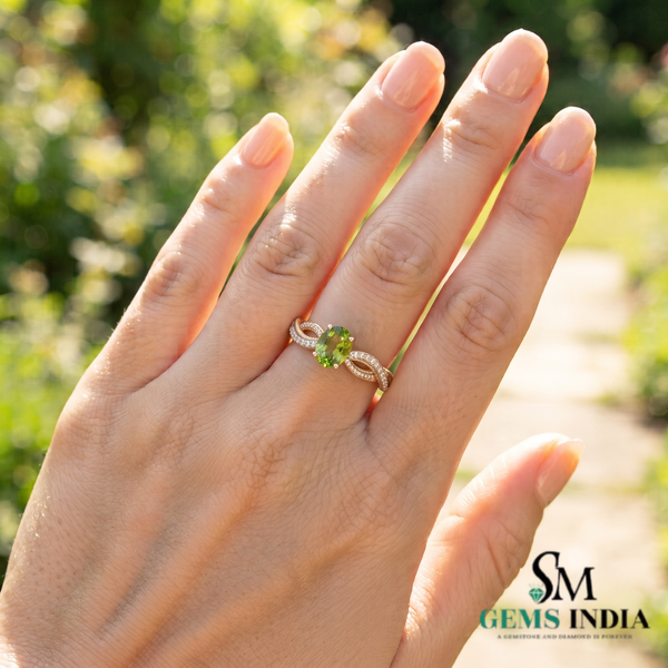 Natural Oval Peridot Infinity Twist Ring with Diamond Accent - Gift for her