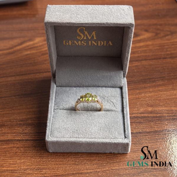 Natural Green Peridot Three Stone Oval Ring with Diamond Accent Leaves