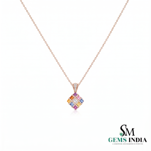 Rainbow Princess Cut Gemstone Square Pendant with Diamond Accents - Colorful Fine Jewelry