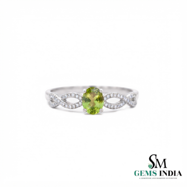 Natural Oval Peridot Infinity Twist Ring with Diamond Accent - Gift for her