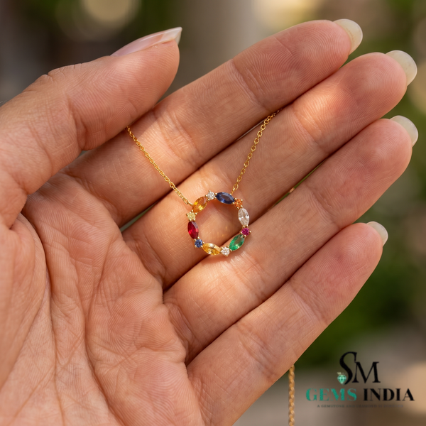 Rainbow Marquise Cut Gemstone Circle Pendant with Diamond Accents - Gift for Women