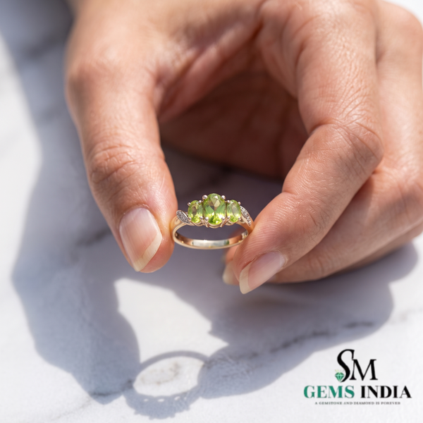 Natural Green Peridot Three Stone Oval Ring with Diamond Accent Leaves