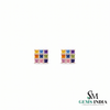 Natural Rainbow Princess Cut Gemstone Square Stud Earrings with Diamond Accent Grid Design