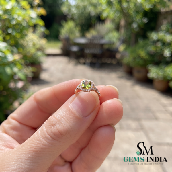 Natural Cushion Cut Peridot Halo Ring with Diamond Split Shank
