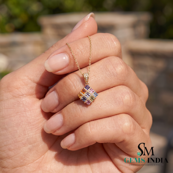 Rainbow Princess Cut Gemstone Square Pendant with Diamond Accents - Colorful Fine Jewelry