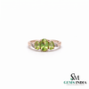 Natural Green Peridot Three Stone Oval Ring with Diamond Accent Leaves