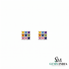 Natural Rainbow Princess Cut Gemstone Square Stud Earrings with Diamond Accent Grid Design