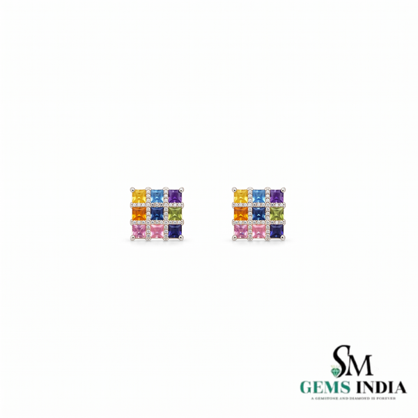 Natural Rainbow Princess Cut Gemstone Square Stud Earrings with Diamond Accent Grid Design
