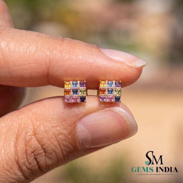 Natural Rainbow Princess Cut Gemstone Square Stud Earrings with Diamond Accent Grid Design