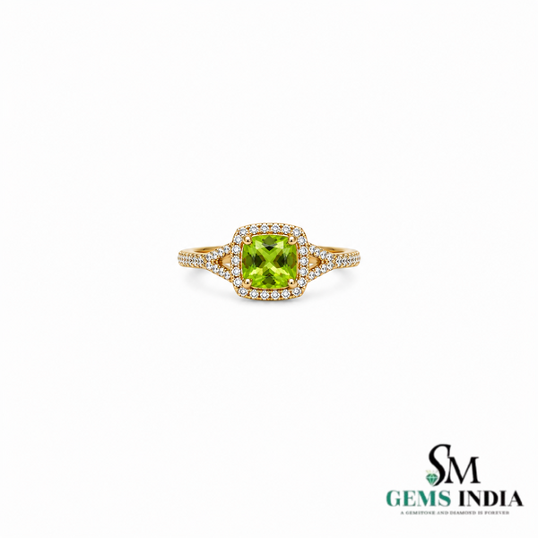 Natural Cushion Cut Peridot Halo Ring with Diamond Split Shank