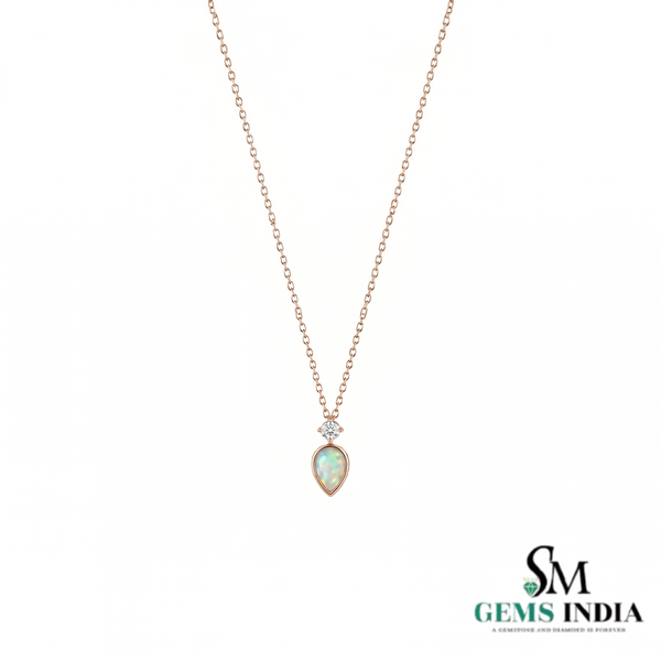 Pear Opal Solitaire Pendant with Diamond Accent - Elegant Teardrop Opal Jewelry