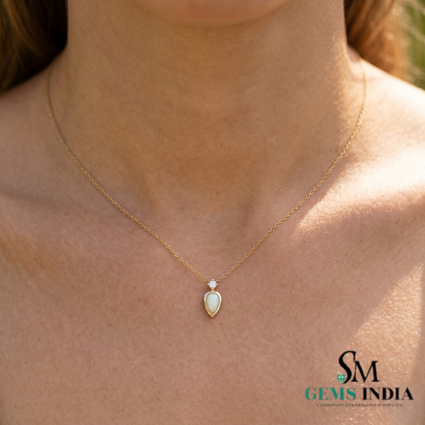 Pear Opal Solitaire Pendant with Diamond Accent - Elegant Teardrop Opal Jewelry