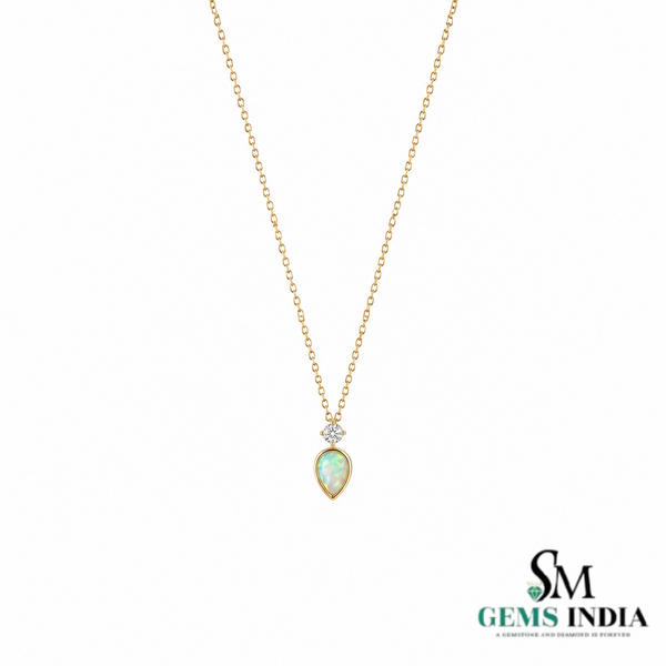 Pear Opal Solitaire Pendant with Diamond Accent - Elegant Teardrop Opal Jewelry