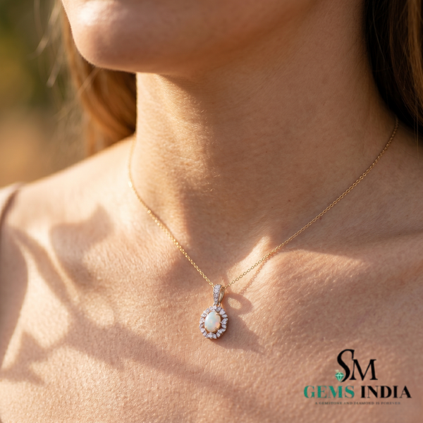 Natural Oval Opal Diamond Halo Pendant - – Vintage Inspired Diamond Opal Jewelry