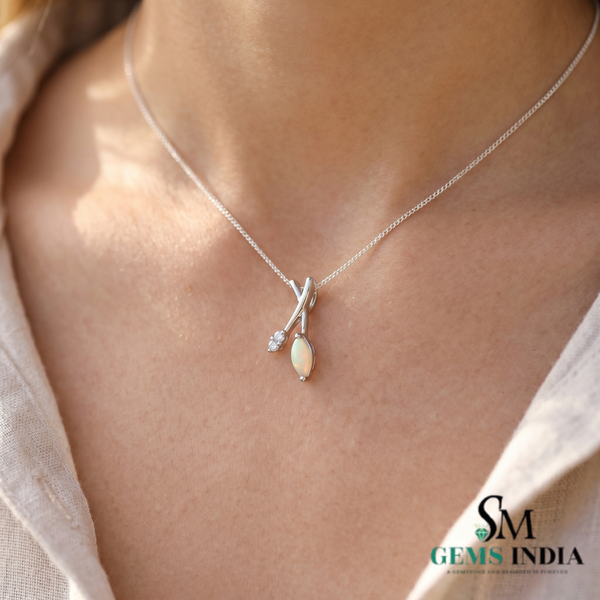 Natural Marquise Opal Drop Pendant with Diamond Accents – Luxury Fine Jewelry for Women
