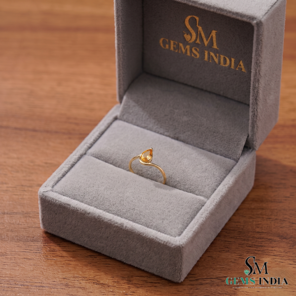Natural Citrine Teardrop Solitaire Ring with Curved Band - Elegant Gold Gemstone Ring