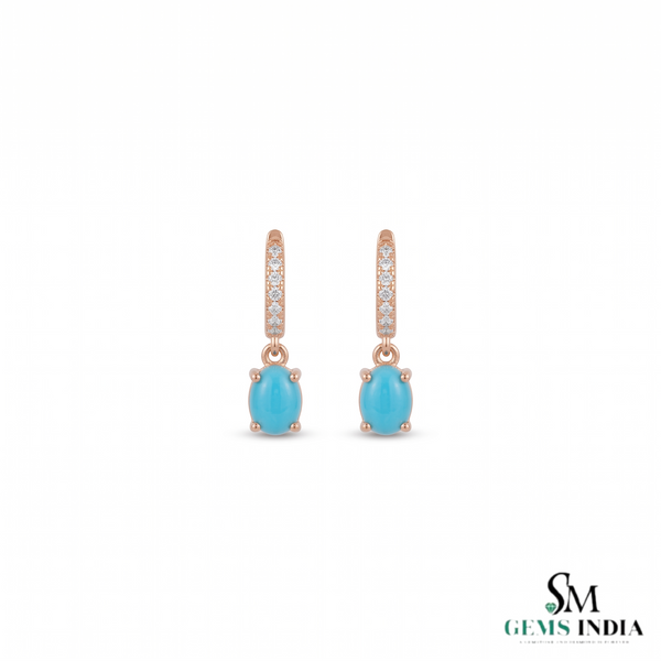 Turquoise Oval Cabochon Drop Earrings With Diamond Accents - Elegant Gift For Her