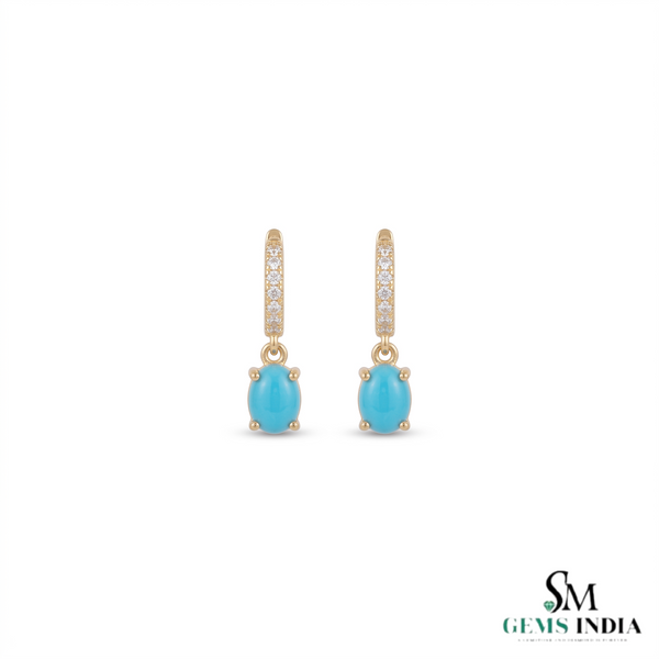 Turquoise Oval Cabochon Drop Earrings With Diamond Accents - Elegant Gift For Her