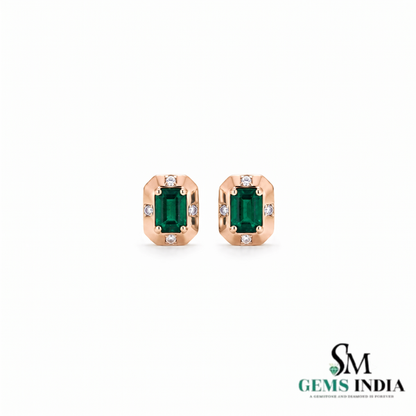 Emerald Cut Emerald Stud Earrings with Diamond Accents - Emerald Gift for Her