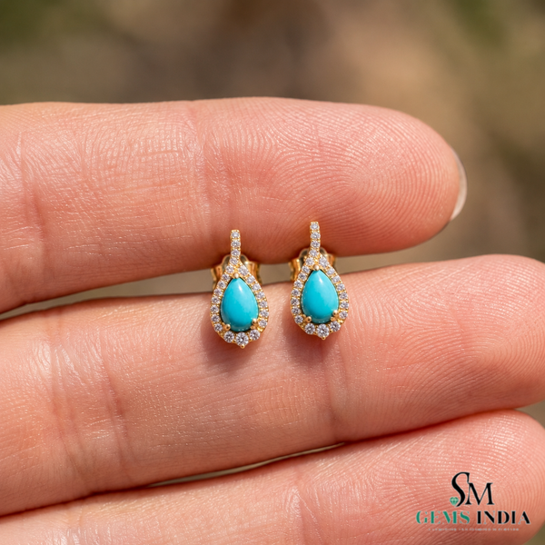 Pear cut Turquoise stud Earring with Diamond Accent - December Birthstone Jewelry