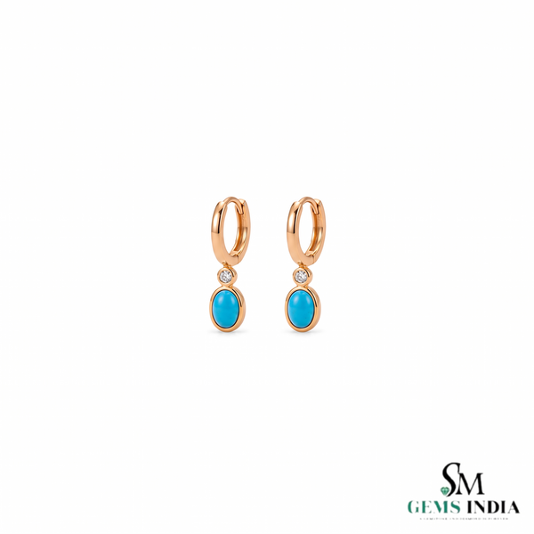 Oval Turquoise Huggie Hoop Earrings with Diamond Accent - Anniversary Gift