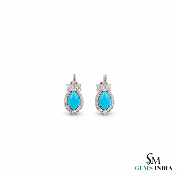Pear cut Turquoise stud Earring with Diamond Accent - December Birthstone Jewelry