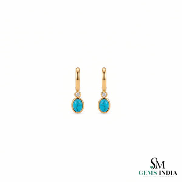 Oval Turquoise Huggie Hoop Earrings with Diamond Accent - Anniversary Gift