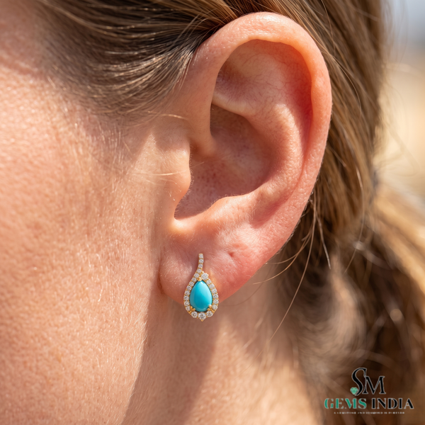 Pear cut Turquoise stud Earring with Diamond Accent - December Birthstone Jewelry
