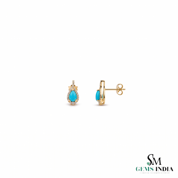 Pear cut Turquoise stud Earring with Diamond Accent - December Birthstone Jewelry