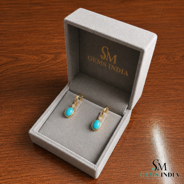 Oval Turquoise Huggie Hoop Earrings with Diamond Accent - Anniversary Gift