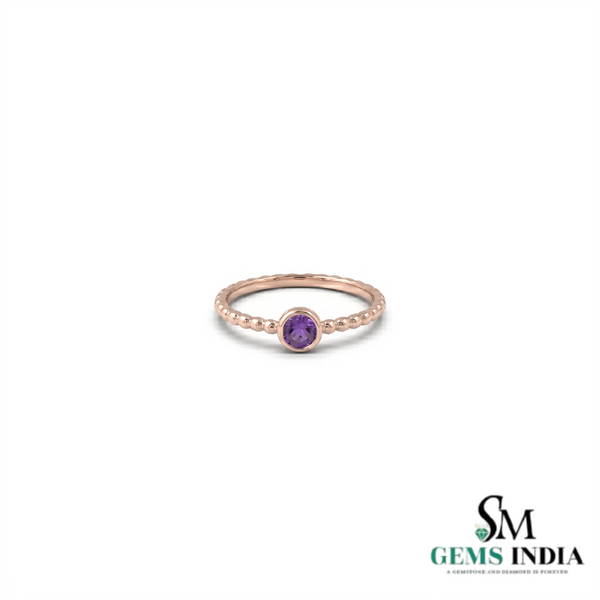Dainty Amethyst Solitaire Ring with Beaded Band – February Birthstone Jewelry