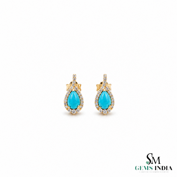 Pear cut Turquoise stud Earring with Diamond Accent - December Birthstone Jewelry