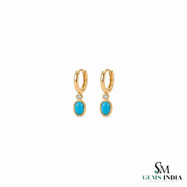 Oval Turquoise Huggie Hoop Earrings with Diamond Accent - Anniversary Gift