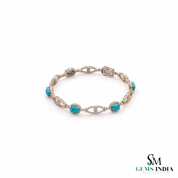 Vintage Inspired Oval Turquoise Bracelet With Diamond Accent – Elegant Gift For Her