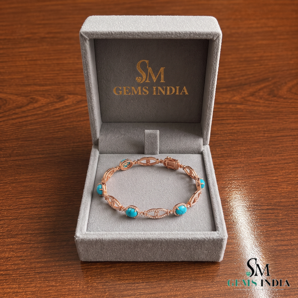 Vintage Inspired Oval Turquoise Bracelet With Diamond Accent – Elegant Gift For Her