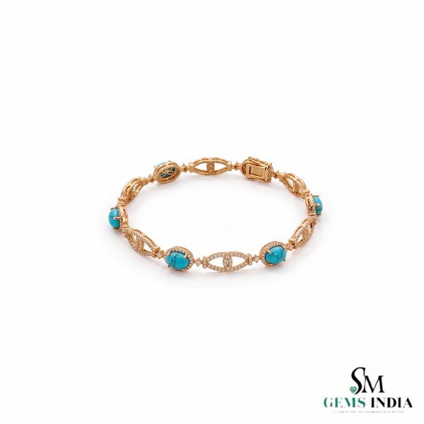 Vintage Inspired Oval Turquoise Bracelet With Diamond Accent – Elegant Gift For Her
