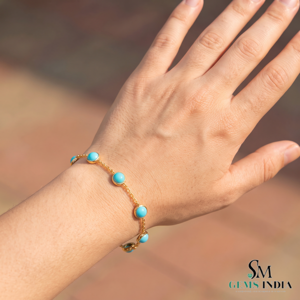 Round Turquoise Blue Gemstone Station Bracelet – Luxury Statement Jewelry For Her