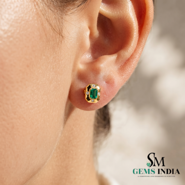 Emerald Cut Emerald Stud Earrings with Diamond Accents - Emerald Gift for Her