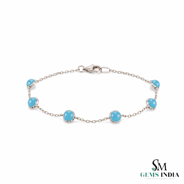 Round Turquoise Blue Gemstone Station Bracelet – Luxury Statement Jewelry For Her