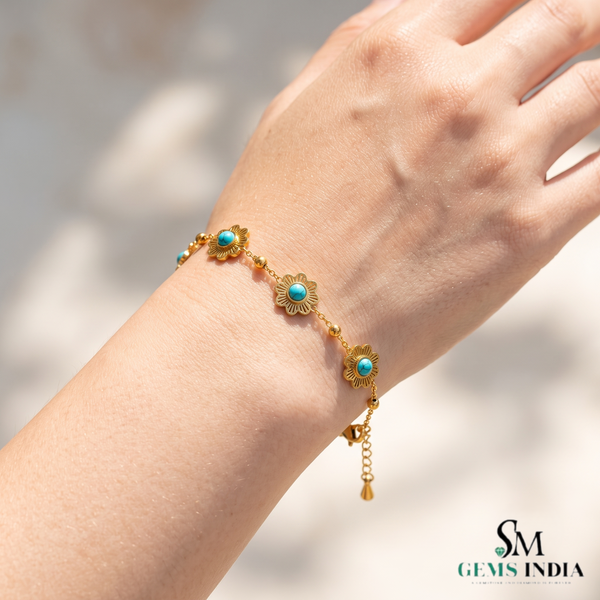 Turquoise Floral Bracelet With Five Stones and Sunburst – Elegant Jewelry Gift For Her