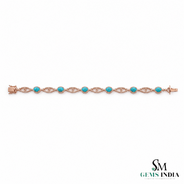 Vintage Inspired Oval Turquoise Bracelet With Diamond Accent – Elegant Gift For Her